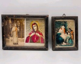 1950 Pair Vintage Hand Crafted Wood Christian Icons Jesus Ukraine Mother... - $65.00