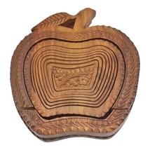 Apple Wood Bowl Collapsible Folk Art Carved Ornate Trivet Basket Handmade 7&quot;× 8&quot; - £12.48 GBP