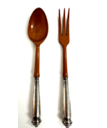 Vintage Sterling Silver Handled Wood Salad 11&quot; Fork &amp; Spoon Serving Set - $742.14 MXN
