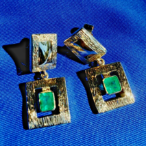 Earth mined Emerald Deco design Earrings Unique Vintage Style Dangles 14k Gold - £1,644.39 GBP