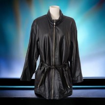 Winlit Black Leather Womens Coat Jacket M Tie Waist Belt Pockets Zip Up ... - $79.18