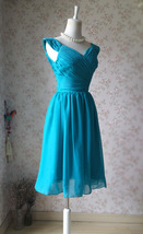 Teal-blue Midi Chiffon Dress Custom Plus Size Bridesmaid Chiffon Dress image 5