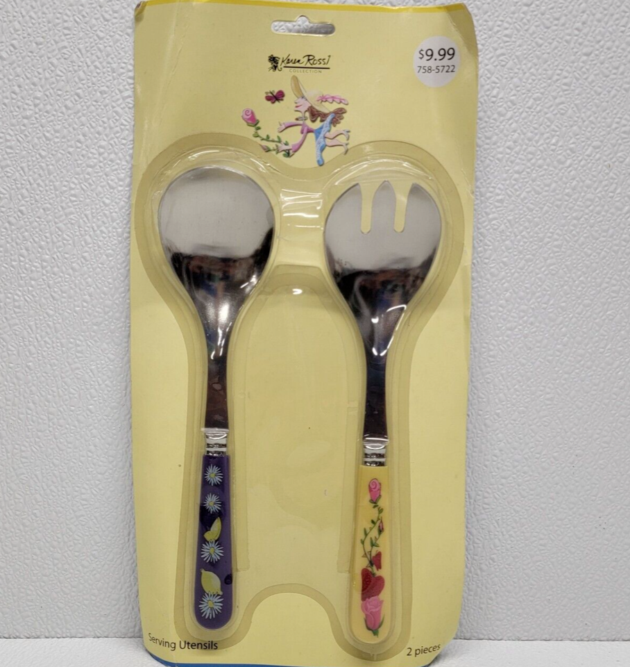 Karen Rossi Collection Serving Utensils Salad Spoon Fork Fruit Flowers - $10.41