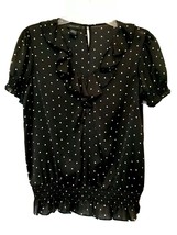 Spence Womens Romantic Ruffled V-Neck Black White Polka Dots Silky Blouse Medium - £11.77 GBP