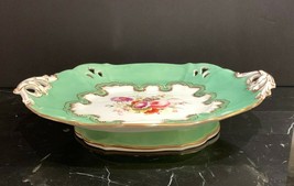 Antique English Porcelain Green Pierced Floral Gold Design Oval Footed Platter - £155.03 GBP