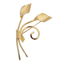 Brooch Leaf and Ribbon Wrapped Stems Gold Tone Vintage - £9.30 GBP