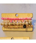 Beaded Stretch Stack Bracelet Set Pink pearl Taupe Tan Gold - $24.99 CAD