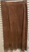 Vintage H Bar C Brown Suede Fringe Midi Skirt Western Brown Size 14 - $247.49
