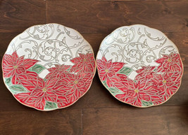 Spectrum Designz Christmas Poinsettia Dinner  Plates Set Of 2 Red New Scalloped - £34.89 GBP