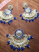 Indian Joharibazar GoldPlated Kundan Earring Jhumka Tikka Tika Jewelry Blue Set - $23.51