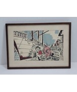 VTG Antique Cartoon Framed Art Ship Boat at Port European Signed Hancel ... - £25.28 GBP