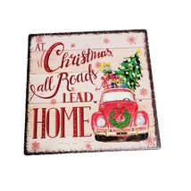 Christmas Tile Trivet 5x5 Square Red Truck Cork back Rustic Holiday Kitchen - £11.66 GBP