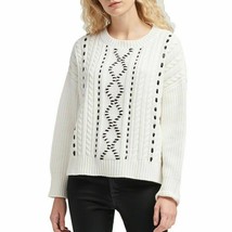 DKNY Women Size XL Ivory Faux Leather Cable Knit Crew Neck Sweater Pull Over NEW - £28.68 GBP