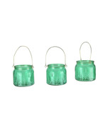 Set of 3 Leaf Textured Green Glass Tealight Candle Lanterns with Wire Ha... - £20.45 GBP