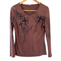 Y2K Cross Top Women Medium Grunge Angel Streetwear Ribbed Skater Cyber E... - $24.99