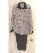 Blue Plaid Slacks with Blue &amp; White Blouse with applique Stitching on th... - $16.96 CAD