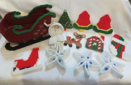 12 Vtg Handmade Plastic Canvas Needlepoint Christmas Ornaments Sleigh Snowflakes - £15.98 GBP