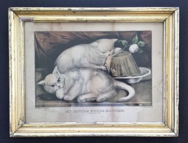 c1871 Antique My Little White Kitties Currier &amp; Ives Taking The Cake Orig - £69.62 GBP