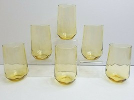 6 Anchor Hocking Amber VTG 4 5/8&quot; Optic Wavy Retro 70s Barware Flat Tumbler Set - £37.80 GBP