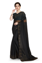 Designer Black Hot Fix Siroski Stone Work Sari Simmer Silk Party Wear Saree - £55.02 GBP