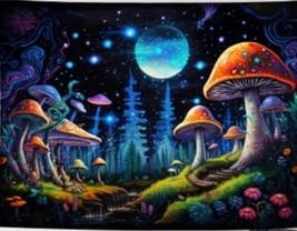 90&quot;x70&quot; Black LT Tapestry Enchanting Peach Skin Mushrooms Blue Moon Wall Hanging - £17.56 GBP