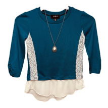 Amy Byer Girls Blouse Blue White Layered Look 3/4 Ruched Sleeves Knit M 10-12 - £9.10 GBP