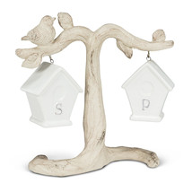 Bird House Salt Pepper Shakers Hanging on Tree Branch Ceramic 7" High Ivory  - £21.66 GBP