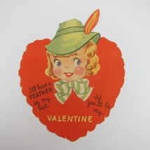 Vintage Valentine Die cut Blonde Girl Green Peter Pan Hat Feather Red Heart - $7.99
