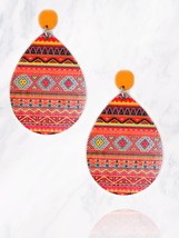 Orange Yellow Aztec Pattern Wooden Teardrop Drop Dangle Earrings - £10.95 GBP