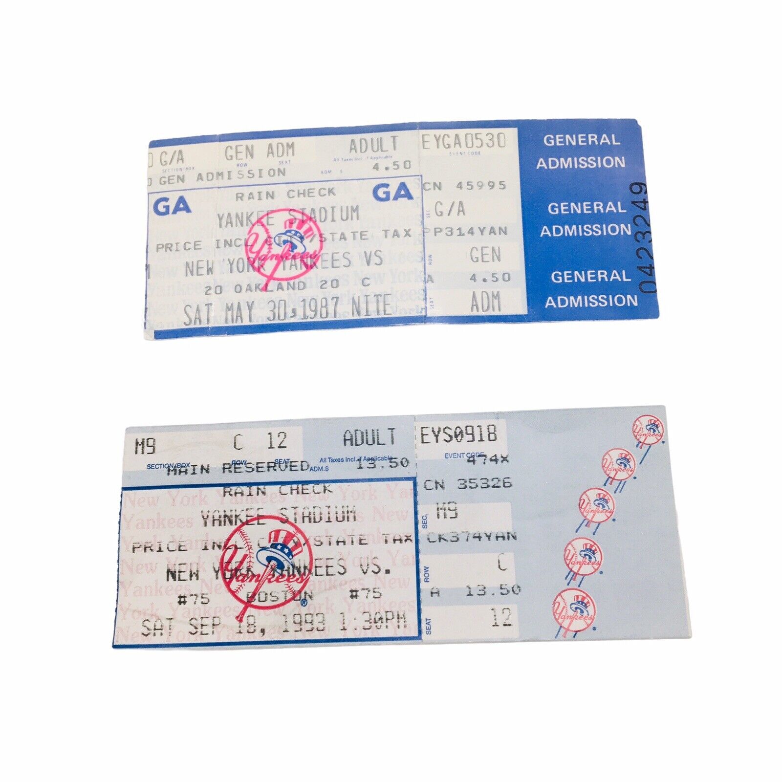 Vintage LOT of (2) New York Yankees MLB Ticket Stubs 1987 & 1993  McGwire Rookie - £52.20 GBP
