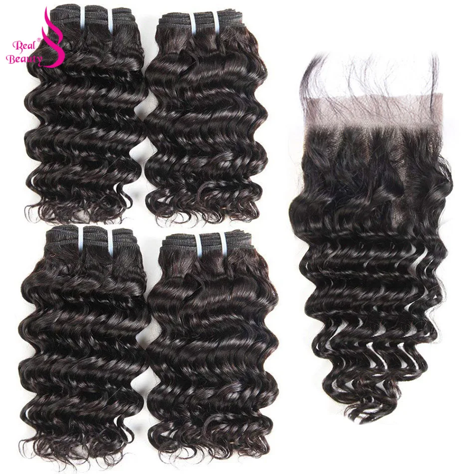 Real Beauty Brazilian Deep Wave 4 Bundles with Lace Closure Human Hair Bundles - £41.74 GBP+