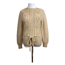 Vintage Hand Knit Sweater Womens M (S) Drawstring Waist Chunky Open Knit Beige - £47.94 GBP