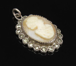 925 Silver - Vintage Marcasite Border &amp; Carved Shell Lady Cameo Pendant-... - £41.71 GBP
