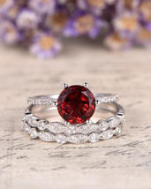 Round Red Garnet &amp; Diamond 14k White Gold Over Art Deco Engagement Trio Ring Set - £90.23 GBP
