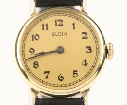 Vintage Ladies Elgin 14k Yellow Gold Hand-Winding Watch w/ Leather Strap - £466.69 GBP