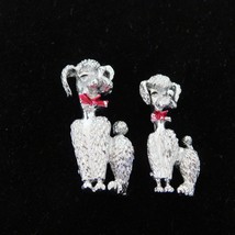 Pair of Poodle Scatter Pins Brooch Silver Tone Red Enamel Bow Textured Vtg FLAW - £9.31 GBP