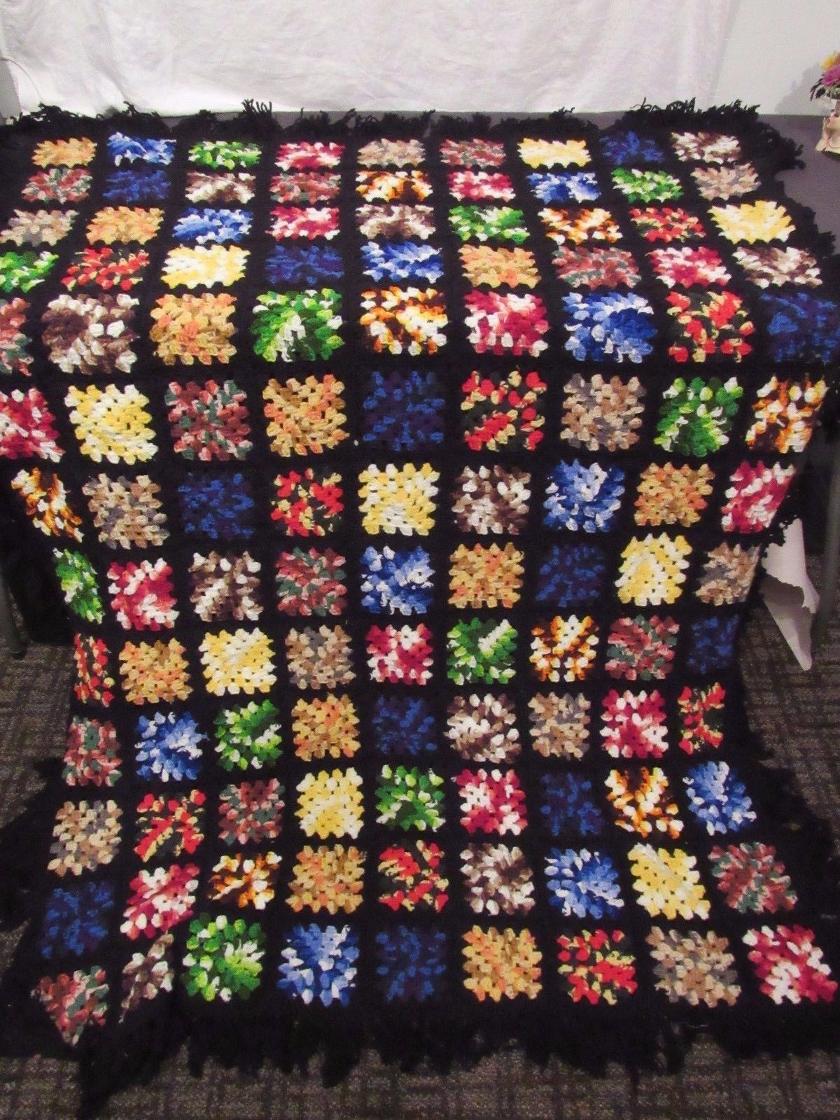 Handmade Vintage Black Multi Crochet Granny Square Afghan Blanket Throw 52 x 74 - $44.65