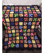 Handmade Vintage Black Multi Crochet Granny Square Afghan Blanket Throw ... - $44.65