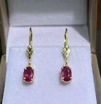 2ct Simulated Ruby Women&#39;s Drop Dangle Earrings 14K Yellow Gold Plated Silver - £99.24 GBP