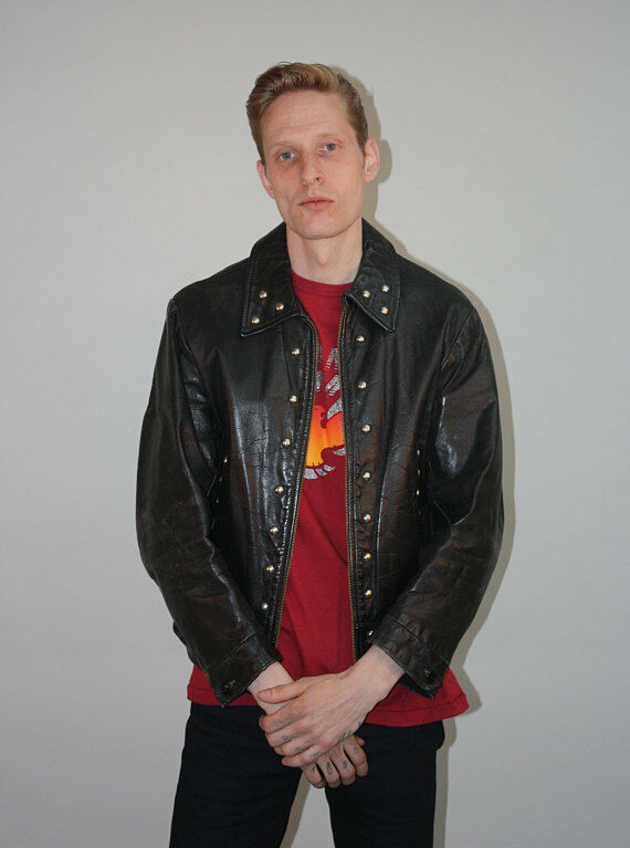 Men's Black Color Genuine Leather Silver Small Studded Adjustable Waist Jacket