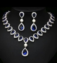 83.50CT Simulé Saphir Bleu,Perle &amp; Diamant Argent Sterling Collier - £321.36 GBP