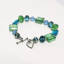 Green &amp; Blue Glass Plastic Toggle Heart Bracelet 8&quot;  Vintage Square Round - £19.70 GBP