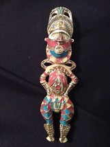 VINTAGE STATEMENT GOLDEN PIN BROOCH STUNNING AZTEC INSPIRED COLORFUL FIGURE - £35.12 GBP