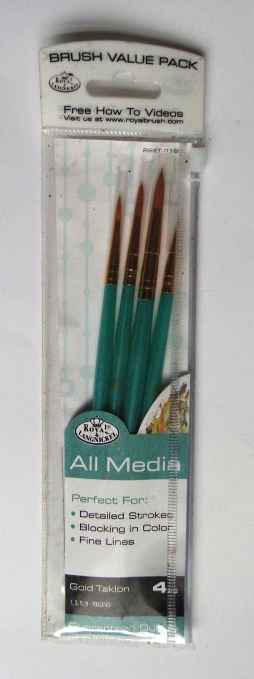 Royal All Media Brush Value Pack 4pc 1,3,5,8, Round Gold Taklon #9190 - $9.89