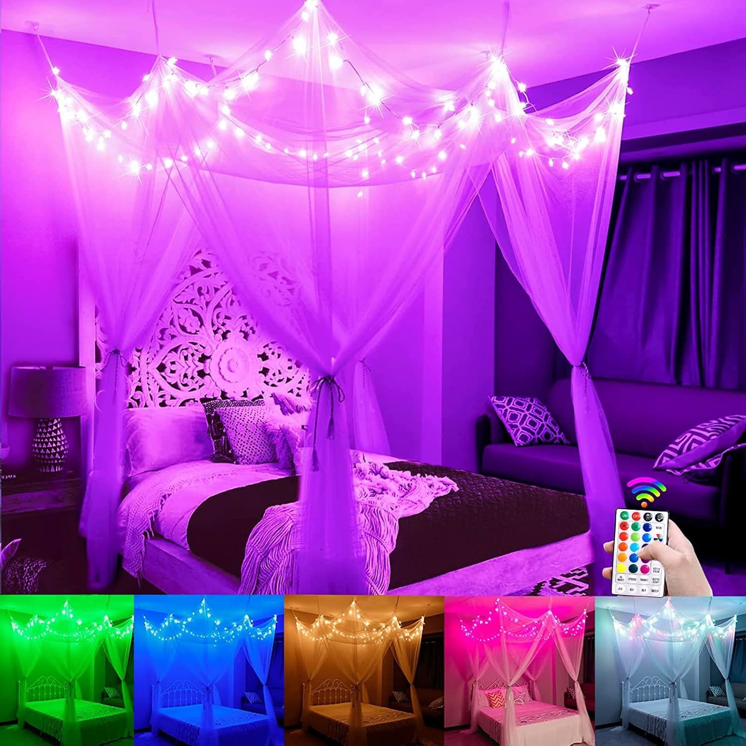 White Bed Canopy With Star Lights Girls Bedroom Christmas Decor, 8 Corners Post