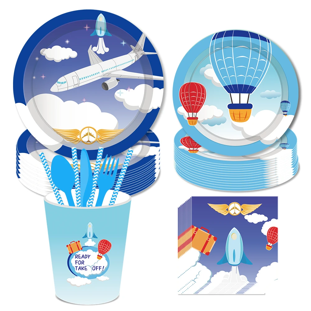 Play Baby Shower Plane Sky Aircraft Party Decorations Disposable Tableware Sets  - $49.00