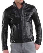 Men Leather Jacket Black Slim fit Biker Motorcycle Genuine Lambskin Jacket MJ054 - £80.60 GBP+