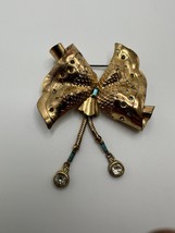 Antique 12k GF REGAL Bow Brooch with Blue Rhinestone Accents and Tassels 7.8cm - £78.95 GBP