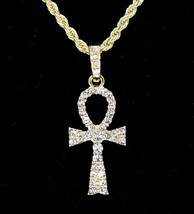 Ankh Pendant 14k Gold Plated iced Cz w/ 24&quot; Rope Chain Hip Hop Necklace - £7.86 GBP