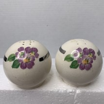 Vintage Ceramic Round Salt And Pepper Shakers Purple Flowers Silver Cursive Word - £6.37 GBP